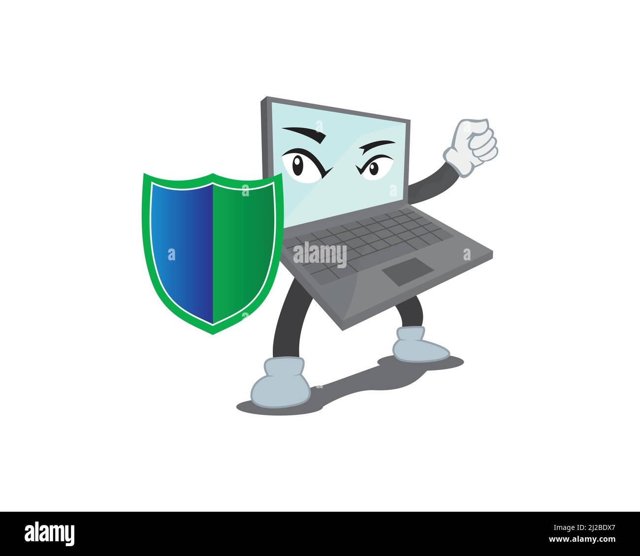 Computer Character Holding Shield come simbolo di protezione e sicurezza Illustrazione Vettoriale