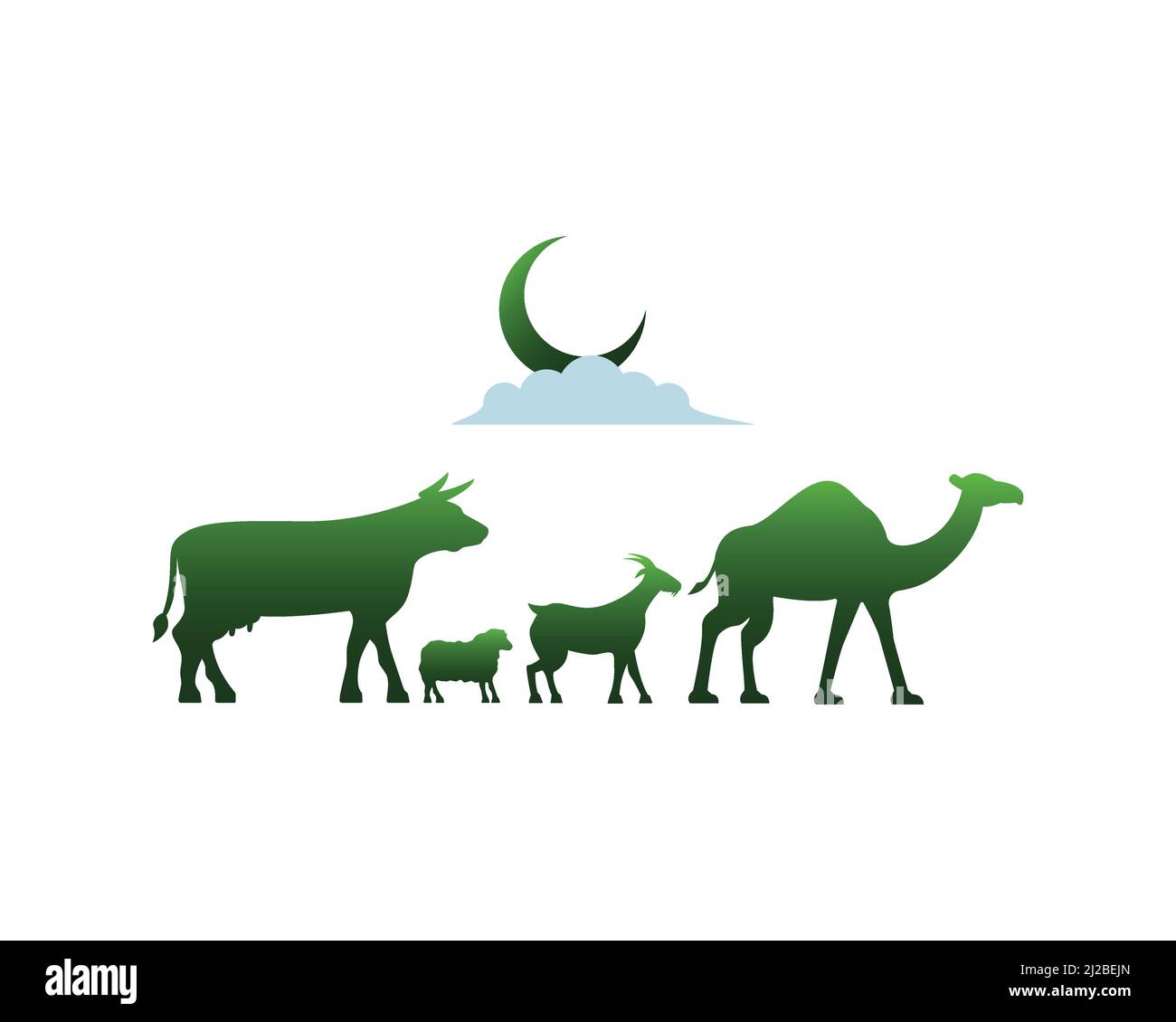 Mucca, pecora, capra e cammello che camminano insieme come simbolo di Eid al Adha Illustrazione Vettoriale