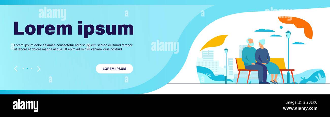 Felice coppia anziana seduta su panca in parco isolato piatto vettore illustrazione. Cartoni animati vecchi personaggi rilassarsi insieme sulla natura. Famiglia e pensionati Illustrazione Vettoriale