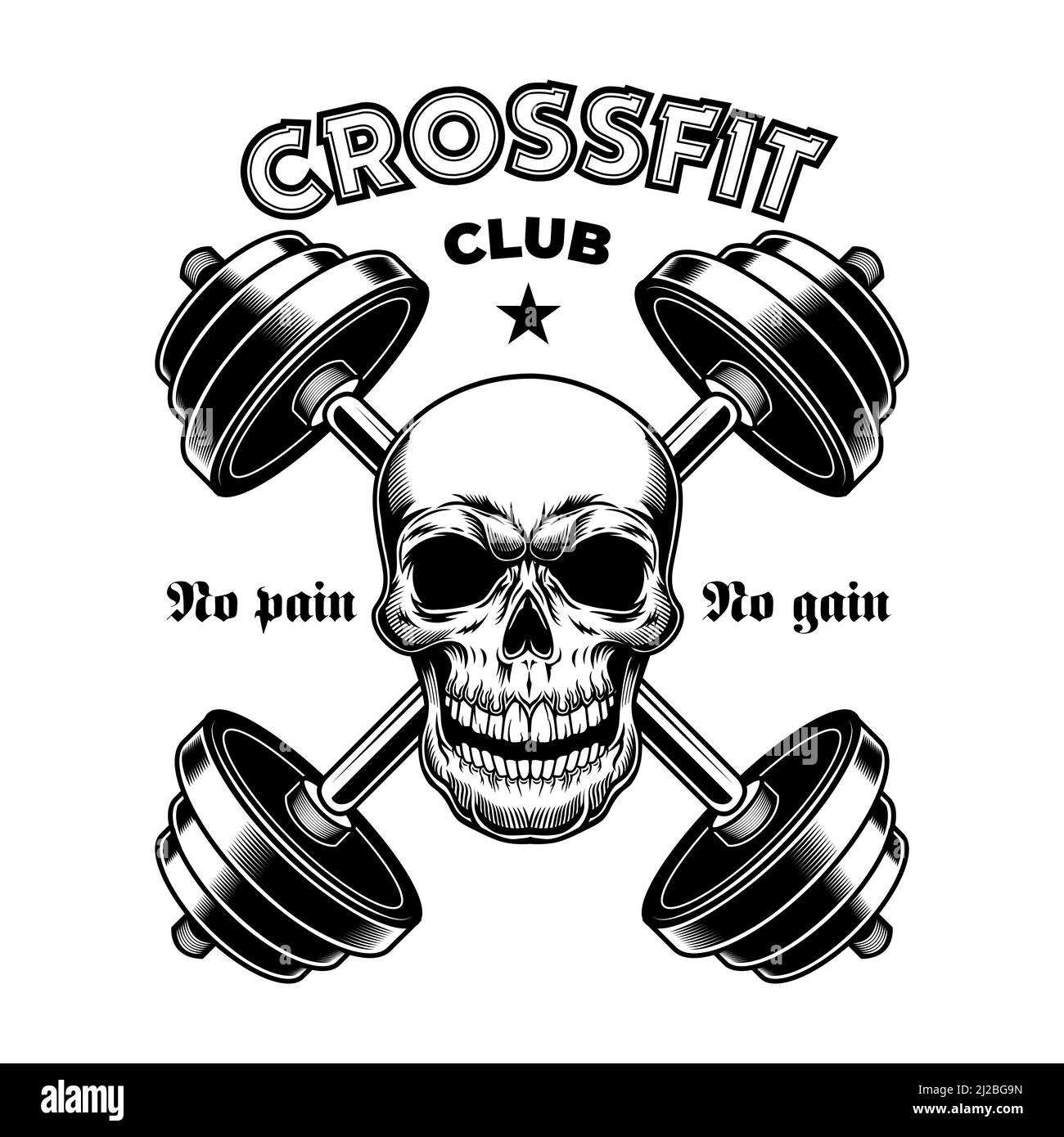 Distintivo palestra atletica dura. Emblema vintage CrossFit, cranio allestitore con barbells, etichetta comunitaria d'epoca atleta. Illustrazione vettoriale con testo per Illustrazione Vettoriale