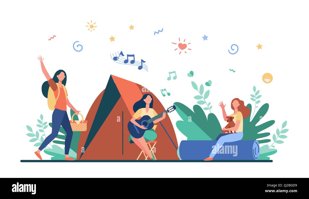 Donne che si riposano e cantano canzoni vicino alla tenda. Viaggio, natura, tempo libero. Illustrazione vettoriale piatta. Camping Concept può essere utilizzato per presentazioni, banner, Illustrazione Vettoriale