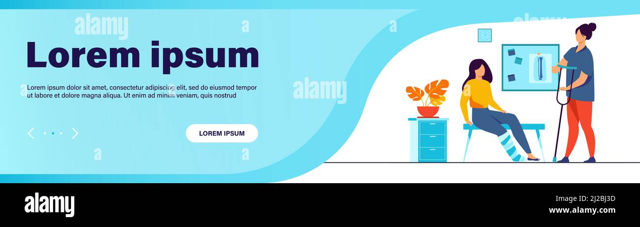 Donna con ferita gamba rotta in calco di gesso seduta in ufficio medico, prendendo raggi X e crutch. Illustrazione vettoriale per trauma, ospedale, trattamento, Illustrazione Vettoriale