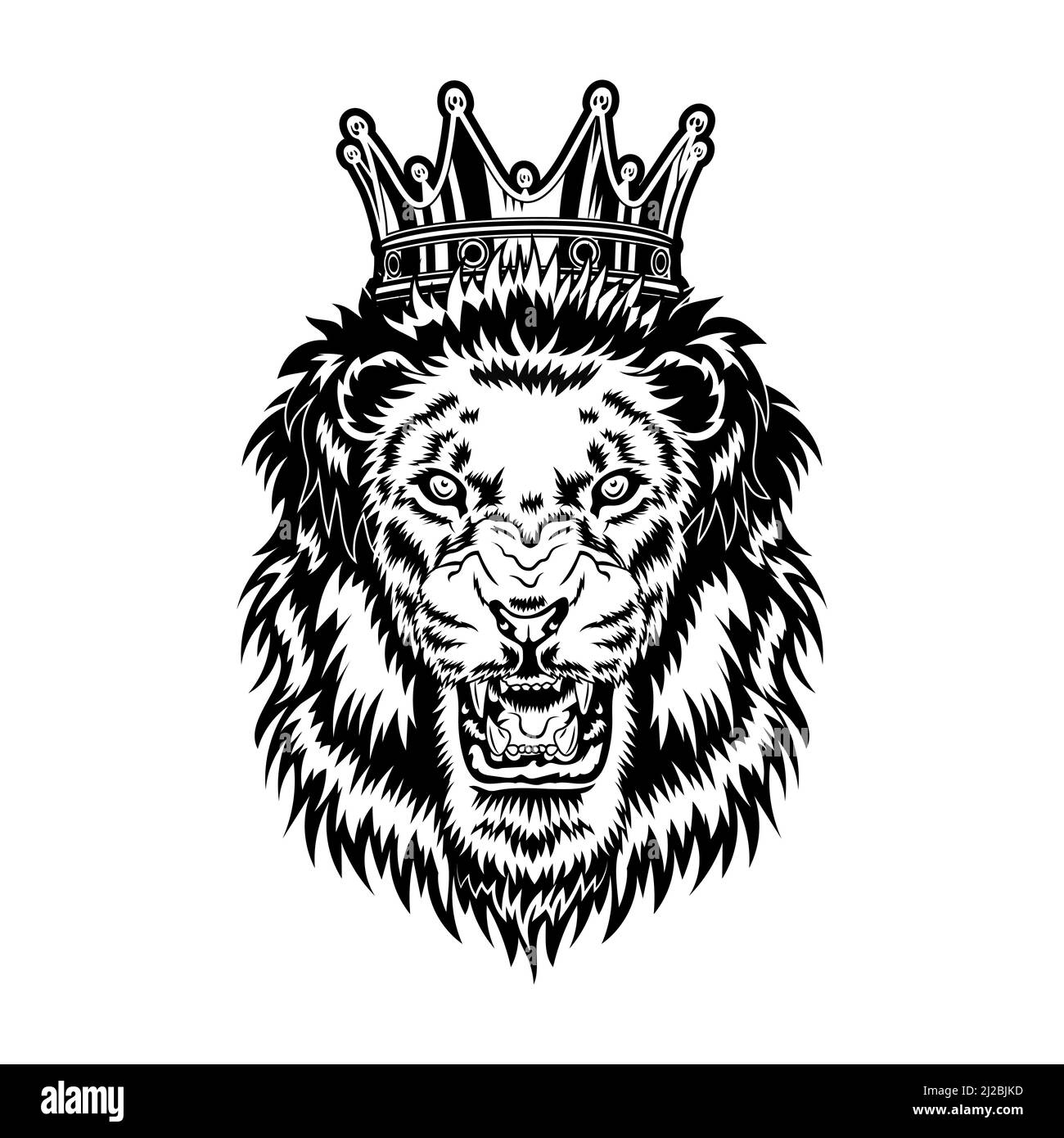 Illustrazione vettoriale del re leone. Testa di arrabbiato animale maschio ruggito con creme e corona reale. Concetto di potenza per modelli di tatuaggio, fauna selvatica o leadership Illustrazione Vettoriale