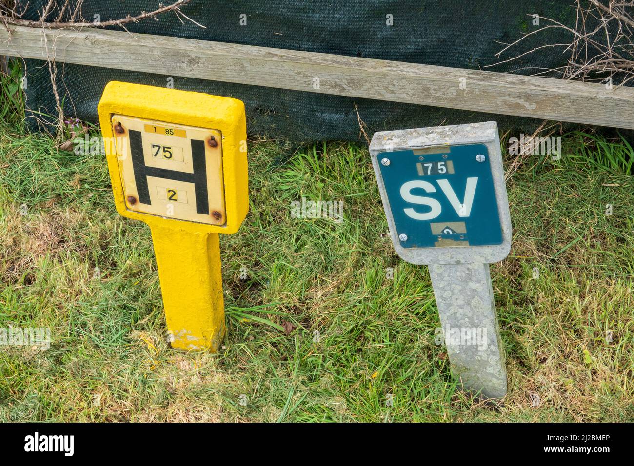 Un piccolo indicatore di idranti antincendio incorniciato in calcestruzzo accanto a un simile segnale di saracinesca montato su un verge di erba Foto Stock