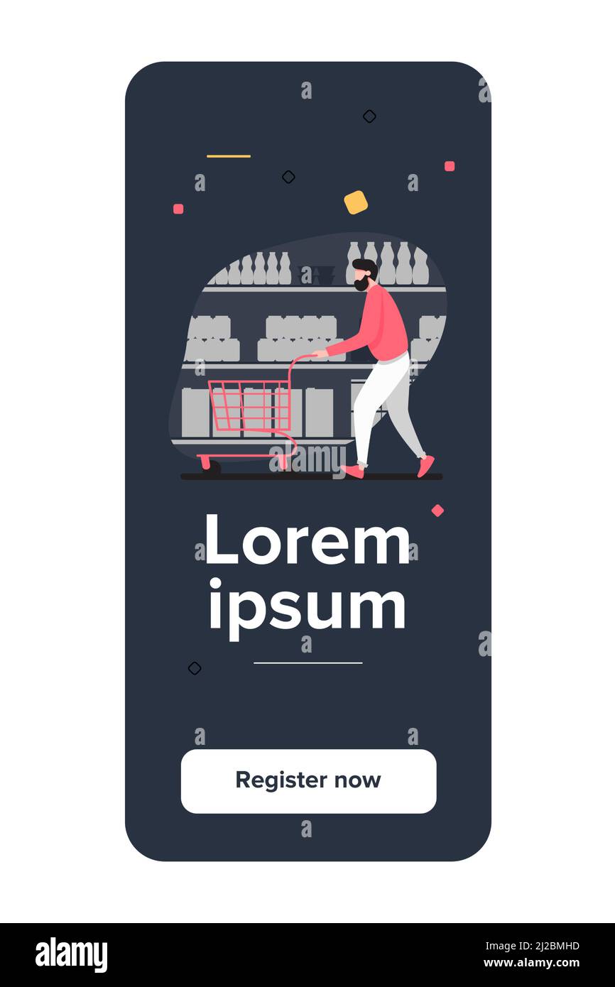 Uomo shopping in supermercato. Immagine vettoriale piatta del carrello di rotazione del cliente lungo le corsie. Negozio di alimentari, concetto di cibo di acquisto per banner, sito web desi Illustrazione Vettoriale