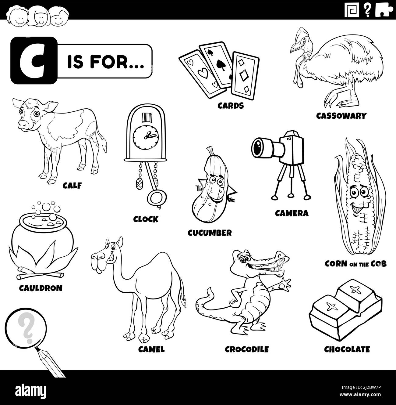 Illustrazione di fumetti e oggetti in bianco e nero che iniziano con la lettera C impostata per i bambini che colorano la pagina del libro Illustrazione Vettoriale