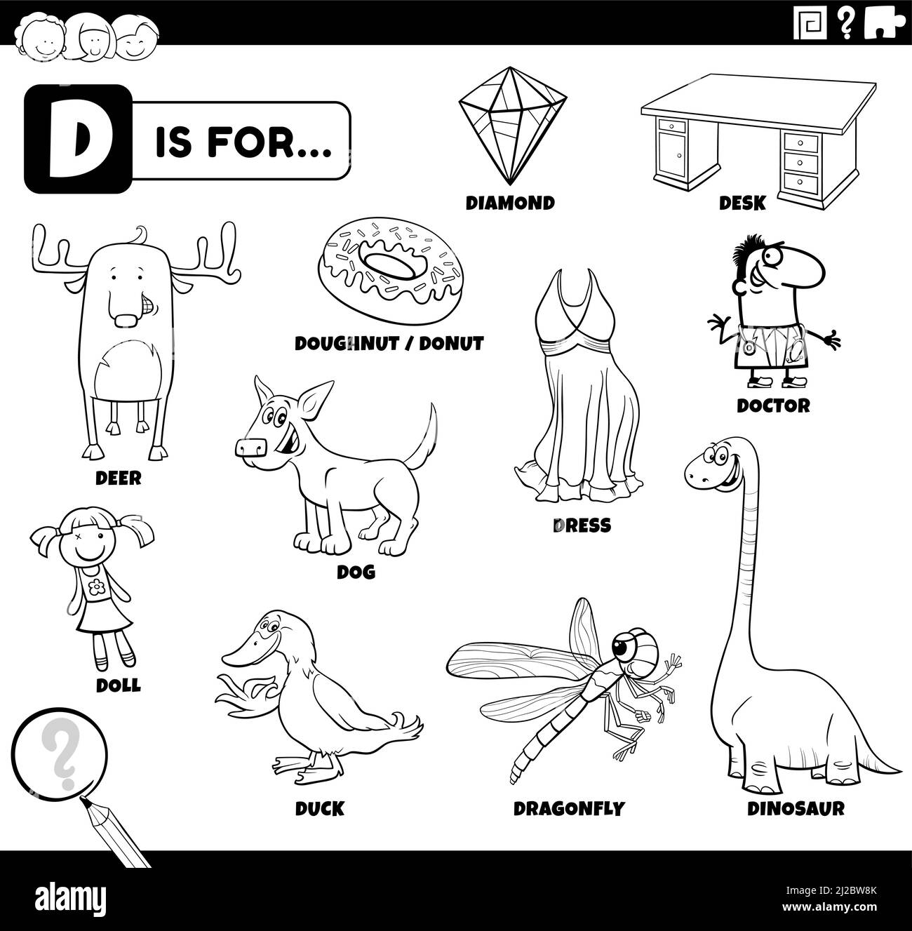 Illustrazione di fumetti e oggetti in bianco e nero che iniziano con la  lettera D impostata per i bambini che colorano la pagina del libro Immagine  e Vettoriale - Alamy
