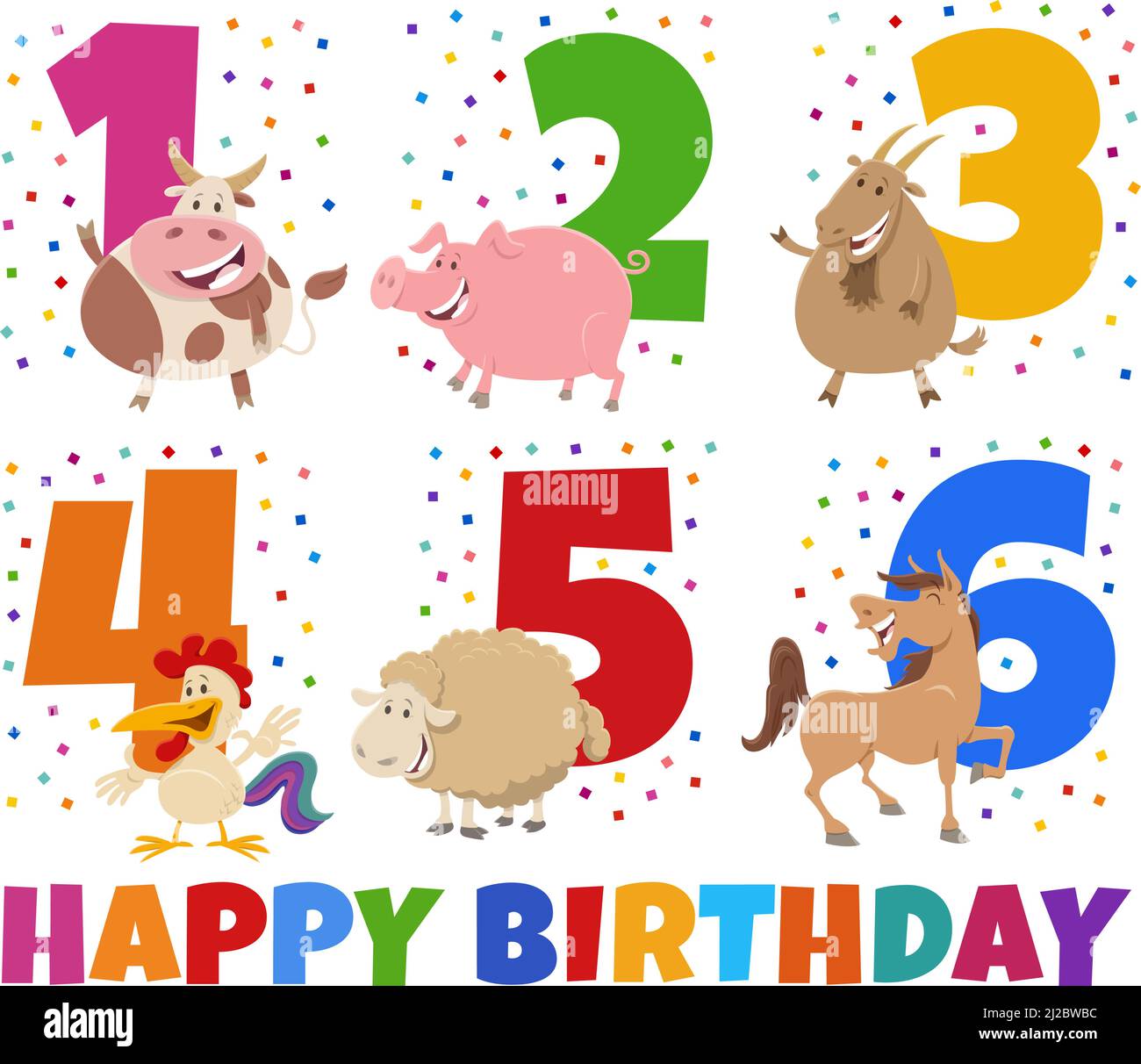 Disegno di illustrazione di cartone animato dei biglietti d'auguri di  compleanno set per i bambini con i caratteri animali della fattoria cute  Immagine e Vettoriale - Alamy