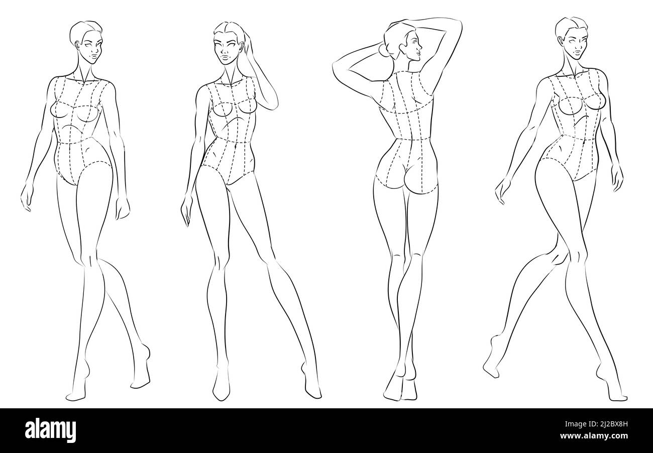 Moda figura dieci teste modello croquis indossando corpetto Illustrazione Vettoriale
