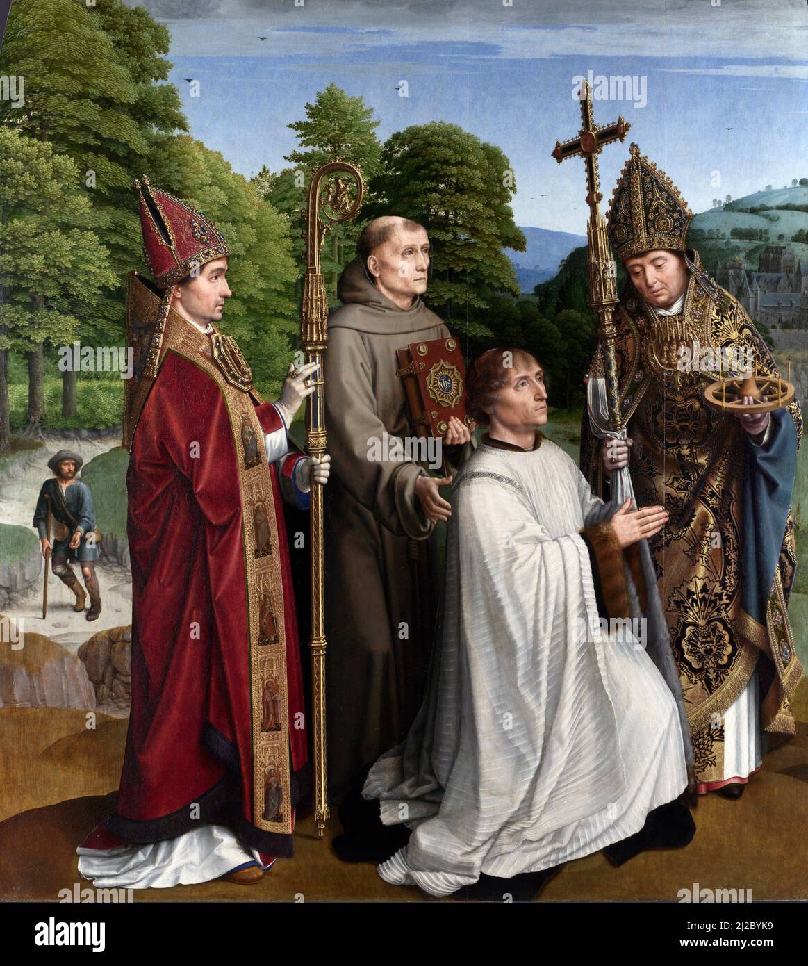 Canon Bernardijn Salviati e tre Santi del primo artista olandese Gerard David (1460-1523), olio su legno, dopo il 1501 Foto Stock