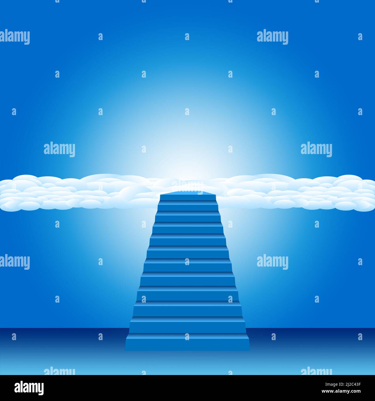 Illustrazione di una scala verso l'alto fino alle nuvole celesti verso una luce luminosa Foto Stock