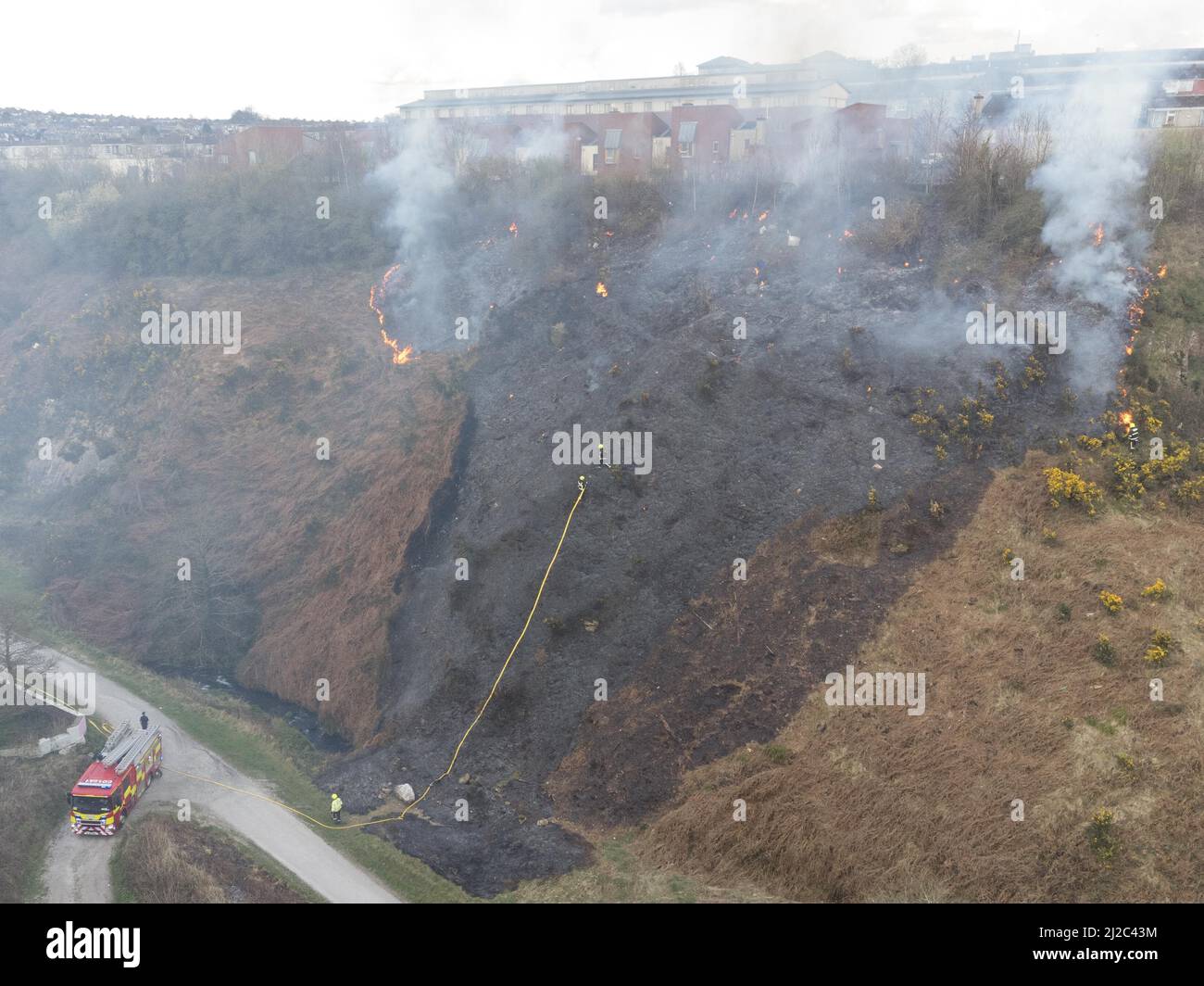 Cork, Irlanda, 31st marzo 2022. Cork City Fire Brigade Deals with a large Gorse Fire Near Houses in the Glen Park, Cork, Ireland. Foto aerea dei membri della Brigata del fuoco di Cork City che si occupa di un altro grande fuoco di gorse che brucia vicino alle case nel Glen River Park che corre tra il Glen e Ballyvolane. Poco dopo le 6 di questa sera i Vigili del fuoco di Cork City hanno assistito alla scena di un grande fuoco di gorse che brucia vicino alle case in Glen River Park, il fumo da questo fuoco è saltato direttamente nelle case nella zona di Glen sopra Glen Park. Un certo numero di vigili del fuoco potrebbe essere visto assistere a. Foto Stock