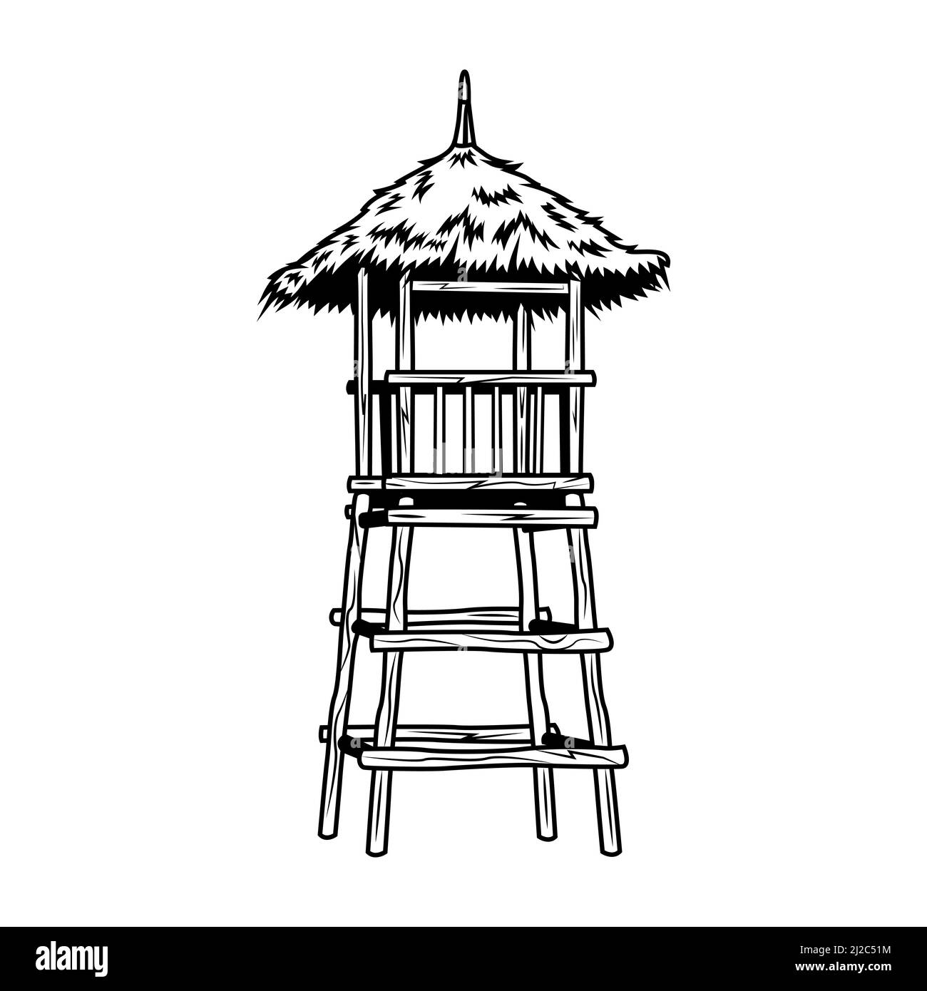 Illustrazione vettoriale della torre di bagnino in legno nero. Cartello promozionale vintage per concerto o festival musicale. Hawaii e concetto di vacanza tropicale può essere Illustrazione Vettoriale