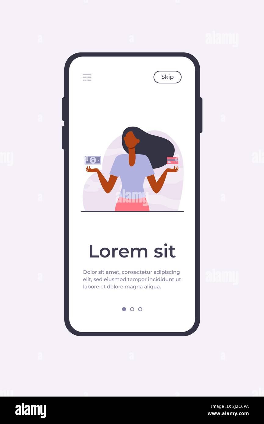 Contanti vs carta di credito. Donna che sceglie tra denaro e plastica carta flat vettore illustrazione. Pagamento, finanza, concetto di budget per banner, sito web desi Illustrazione Vettoriale