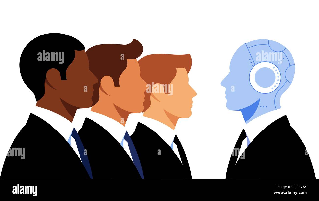 Uomini d'affari in abiti e Artificial Intelligence Manager. Giovani uomini in abiti neri e Robot. Il concetto di lavoro di squadra, business, mercati azionari e tra Illustrazione Vettoriale