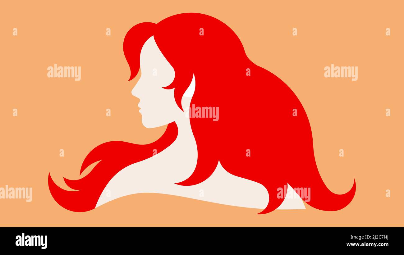 Profilo femmina rosso. Giovane donna, capelli rossi tremolanti, pelle bianca, vista laterale del viso. Disegno vettoriale per cartoline, poster, logo, banner. Illustrazione Vettoriale