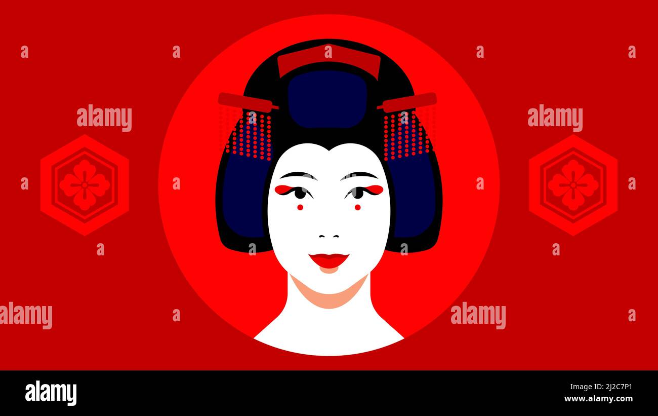 Geisha Ritratto - geisha giapponese con make-up, acconciatura, pettini. Faccia femminile in primo piano su sfondo rosso. Concetto di cultura giapponese, tradizionale Illustrazione Vettoriale