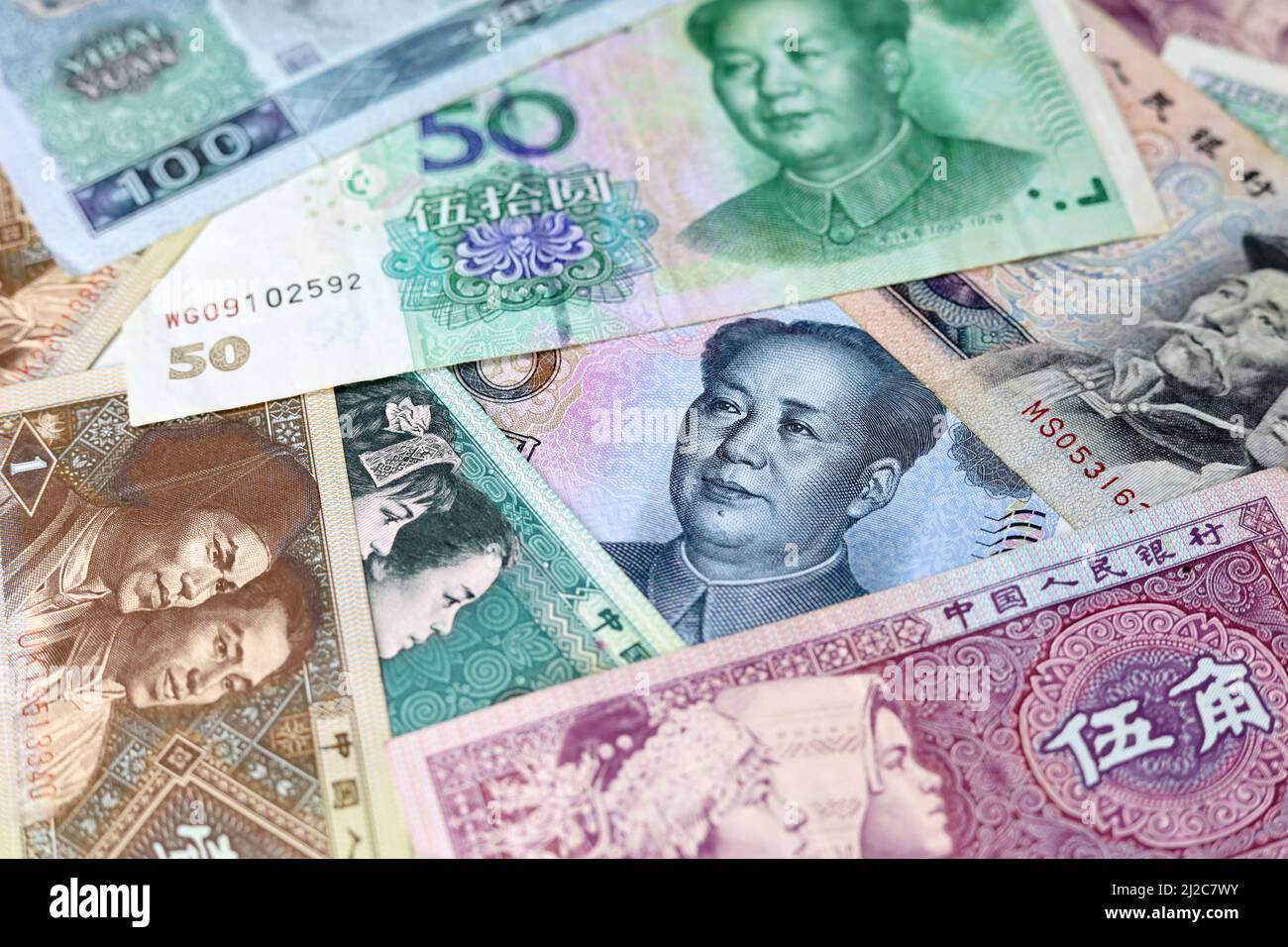 Banconote cinesi dello Yuan, concetto di economia cinese Foto Stock