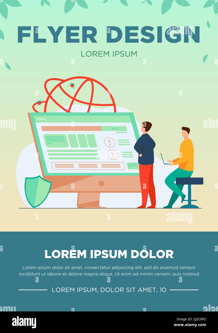 Sviluppatori che stanno testando il software. Uomo con computer portatili che guardano infografiche, correggendo bug, utilizzando il computer. Illustrazione vettoriale per applicazione, programmazione, co Illustrazione Vettoriale