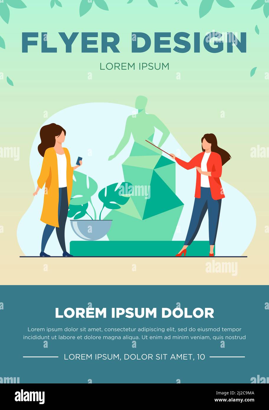 Guida che racconta la scultura ai turisti. Museo, viaggi, divertimento flat illustrazione vettoriale. Arte e intrattenimento concetto per banner, sito web design Illustrazione Vettoriale