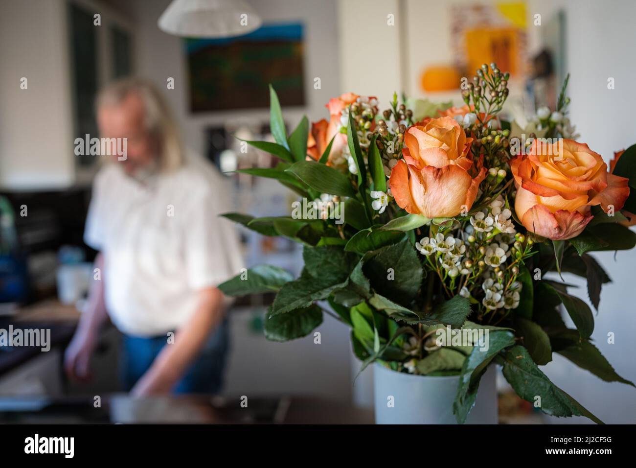 Roses in vaso per moglie per la giornata internazionale delle donne Foto Stock