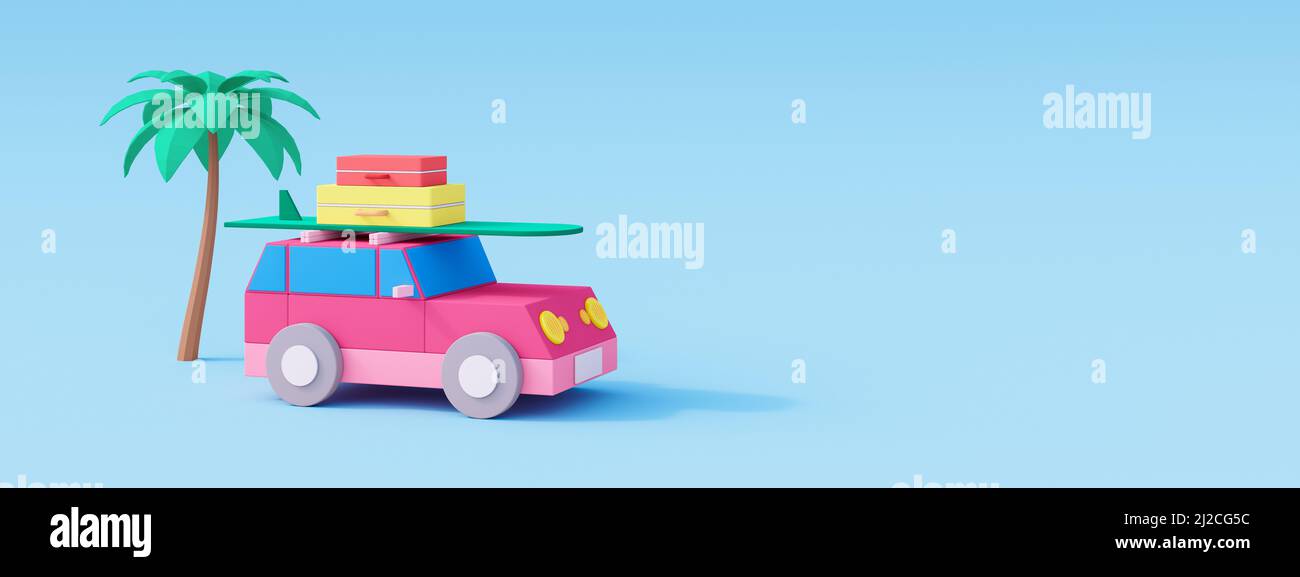 Carino auto con bagagli e surf su sfondo blu. Viaggio estivo concept 3D rappresentazione 3D illustrazione Foto Stock