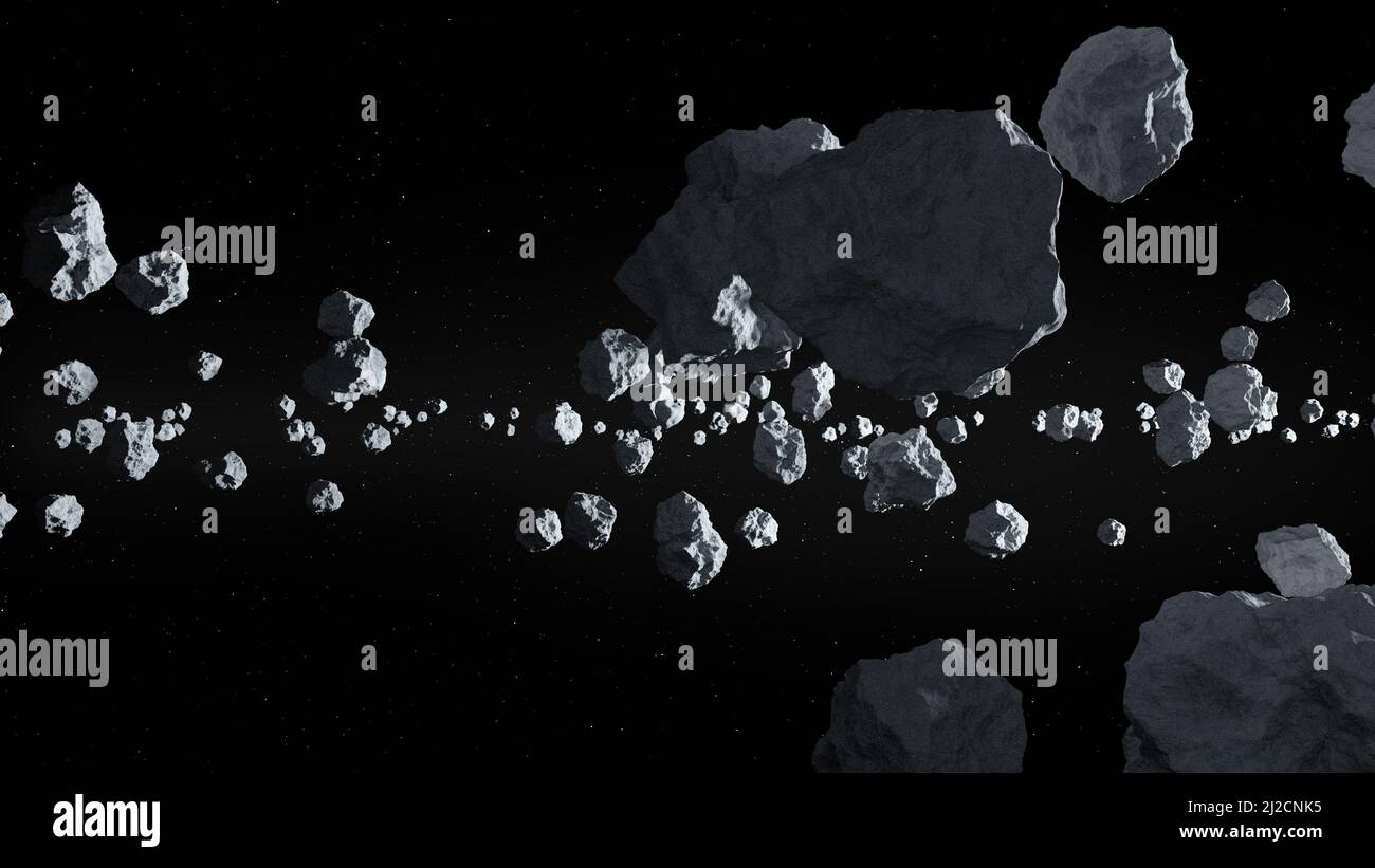 Campo di asteroidi nello spazio profondo. 3D rendering Foto Stock