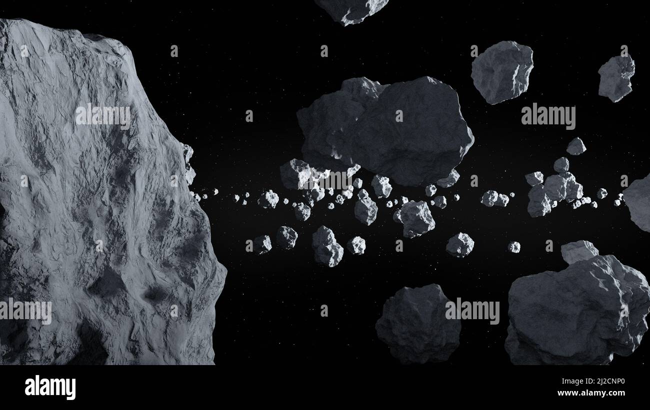 Asteroidi campo in profondo spazio con volo lineare attraverso, vista ravvicinata. 3D rendering Foto Stock