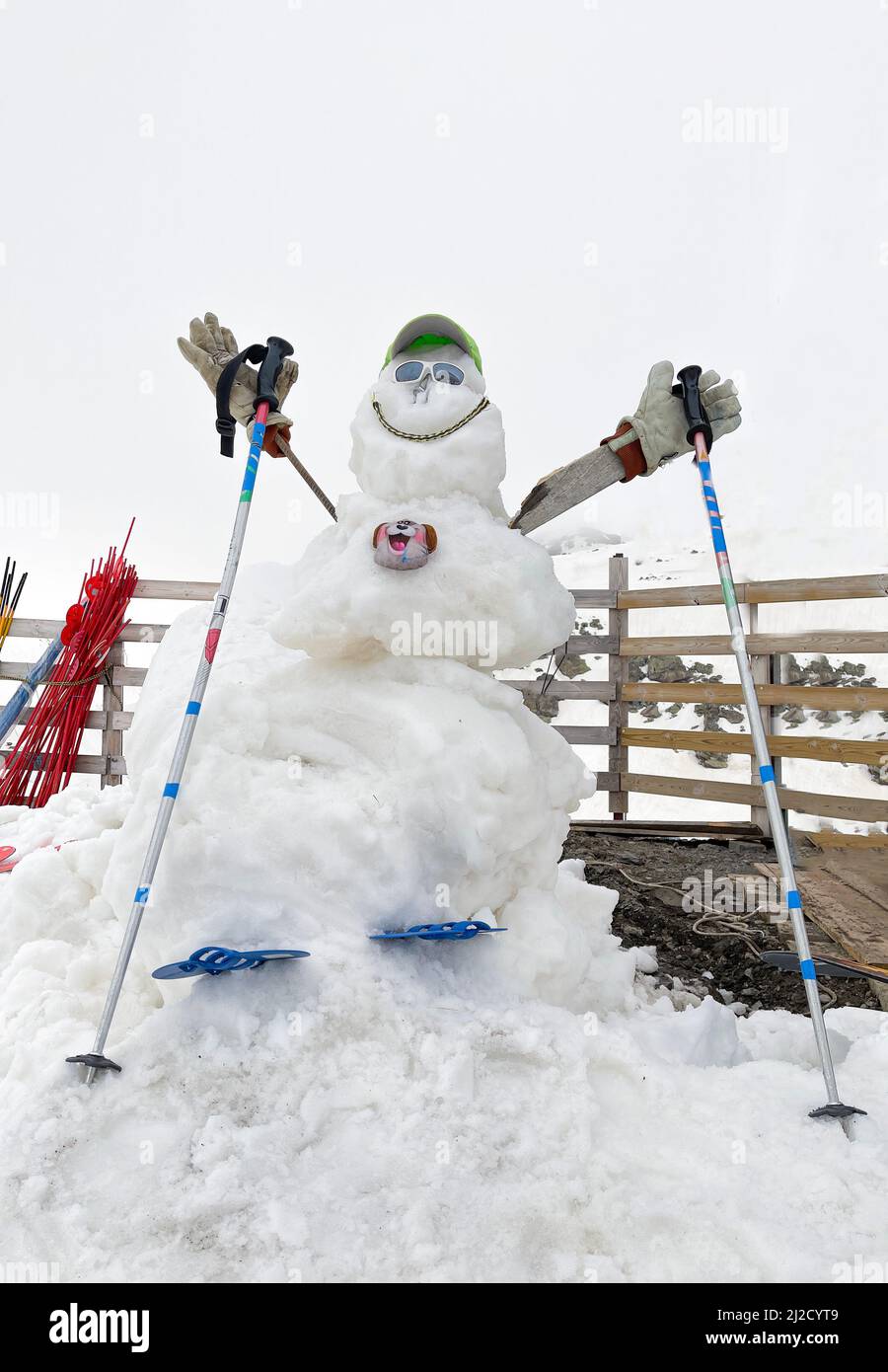 carino pupazzo di neve travestito da sciatore con cappello, occhiali da sole, guanti e bastoncini da sci, spazio copia, verticale Foto Stock