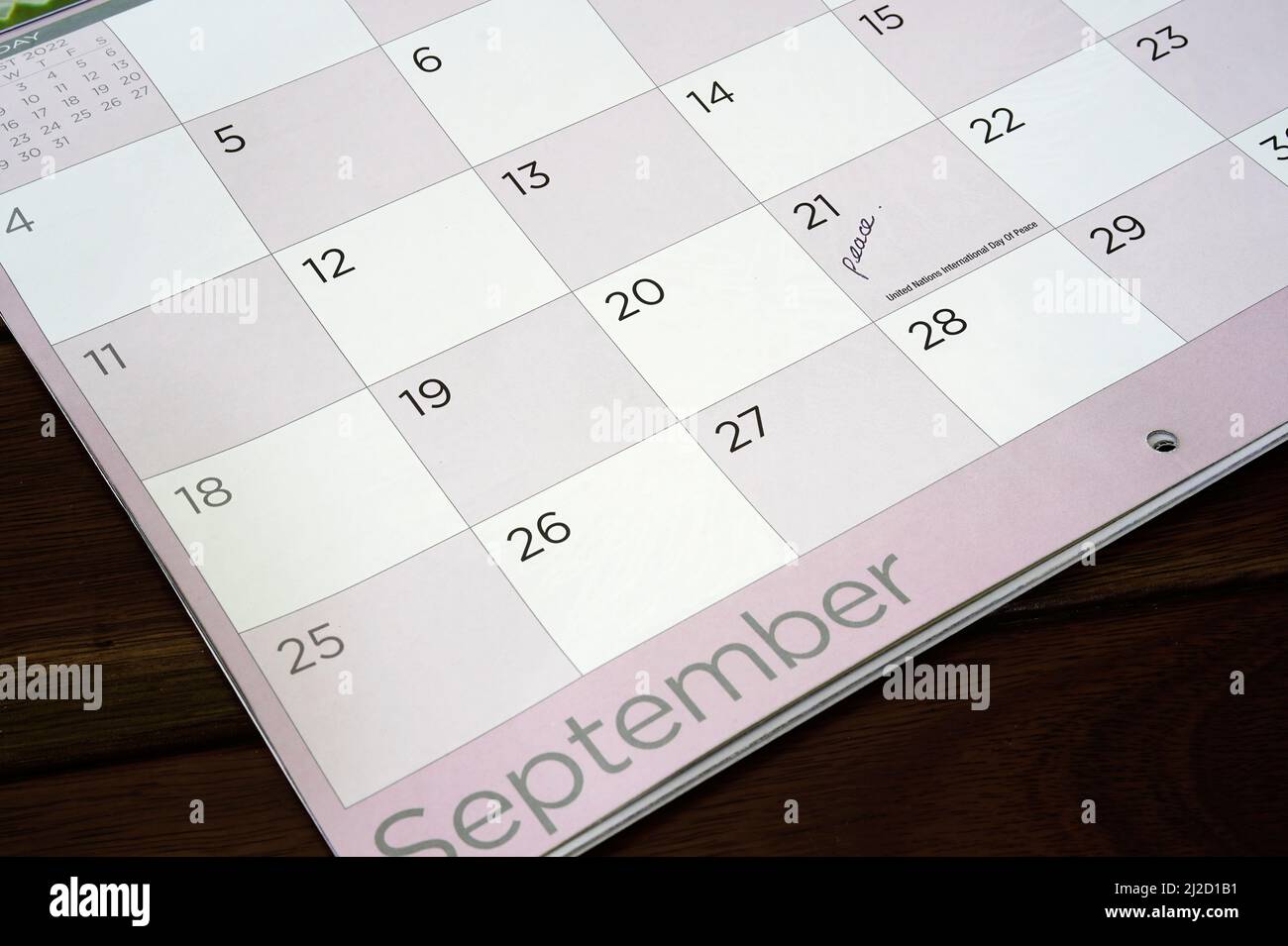 calendario con evidenziata la giornata internazionale della pace Foto Stock
