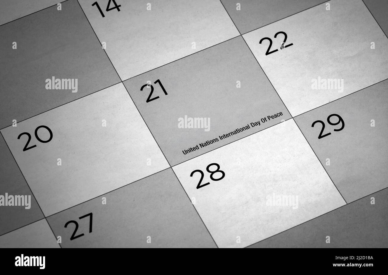 Calendario con messa in evidenza la giornata internazionale della pace delle Nazioni Unite Foto Stock