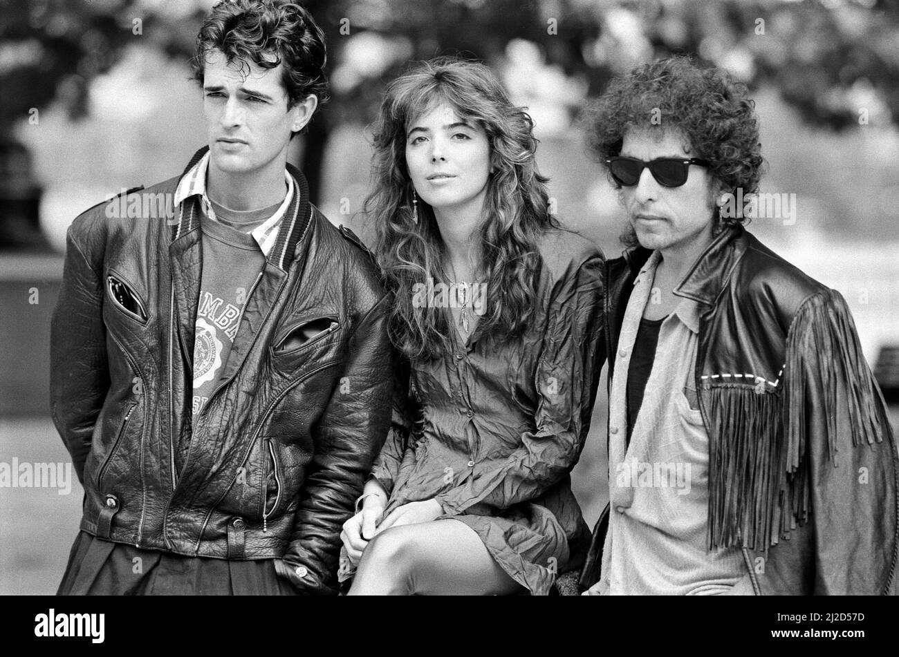 Rupert Everett, Fiona Flanagan e Bob Dylan partecipano ad una fotocall per il loro film 'Hearts of Fire'. 17th agosto 1986. Foto Stock