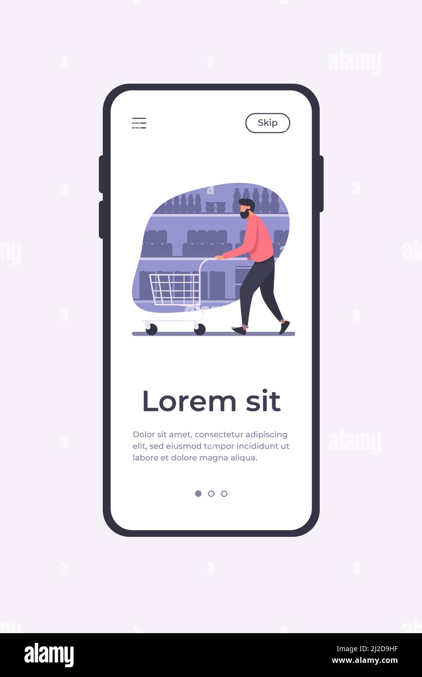 Uomo shopping in supermercato. Immagine vettoriale piatta del carrello di rotazione del cliente lungo le corsie. Negozio di alimentari, concetto di cibo di acquisto per banner, sito web desi Illustrazione Vettoriale