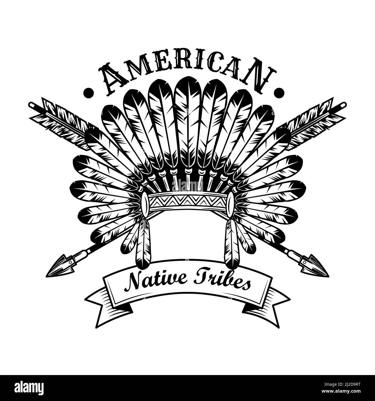 Illustrazione vettoriale degli accessori della tribù dei nativi americani. Headdress della piuma, frecce incrociate, testo. Nativi americani e Red Indian concetto per emblemi o. Illustrazione Vettoriale