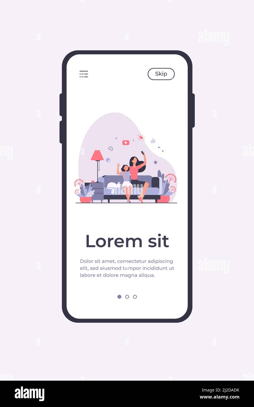 Concetto di svago per mamma e figlia. Teen girl e sua madre seduti sul divano a casa, utilizzando smartphone per videochiamare o prendere selfie. Può essere utilizzato per Illustrazione Vettoriale