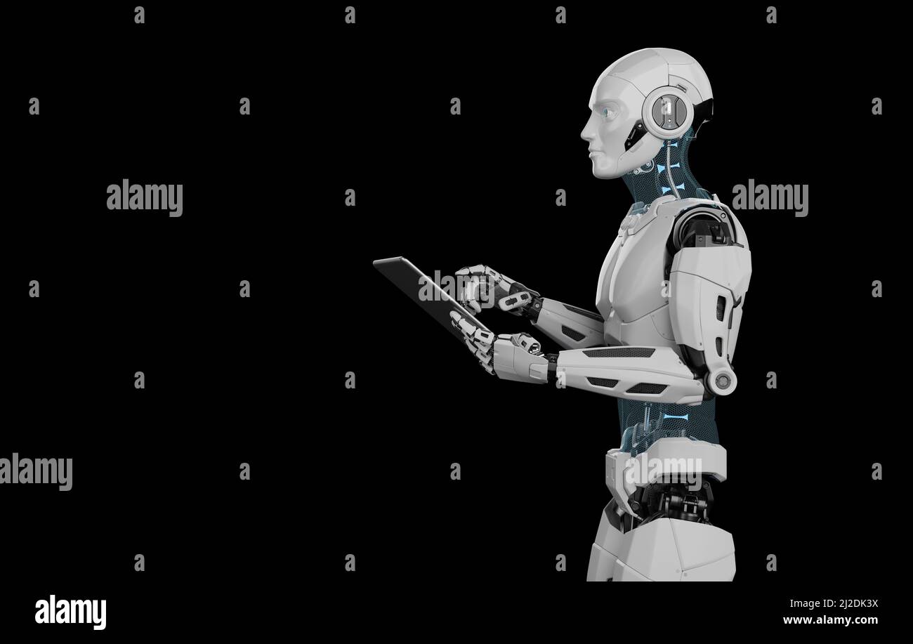 Robot umanoide con concetto metaverse tablet digitale. 3d rendering Foto Stock