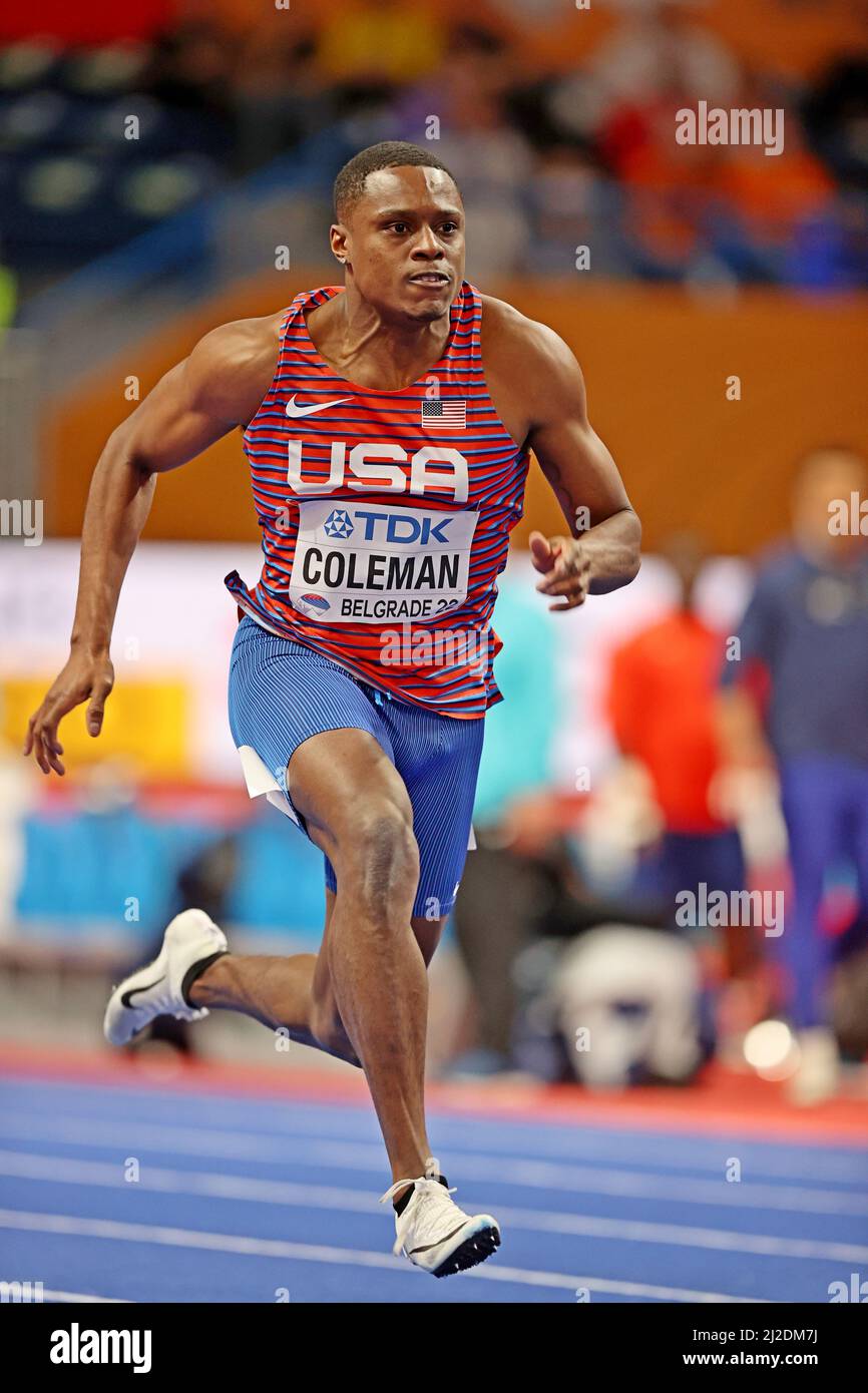 Christian Coleman (USA) si posiziona secondo nel 60m nel 6,41 durante i Campionati mondiali di atletica indoor, sabato 19 marzo 2022, a Belgrado, Serbia Foto Stock