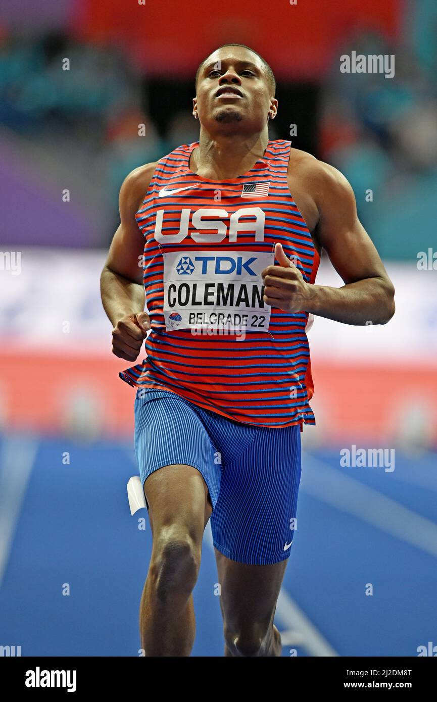 Christian Coleman (USA) si posiziona secondo nel 60m nel 6,41 durante i Campionati mondiali di atletica indoor, sabato 19 marzo 2022, a Belgrado, Serbia Foto Stock