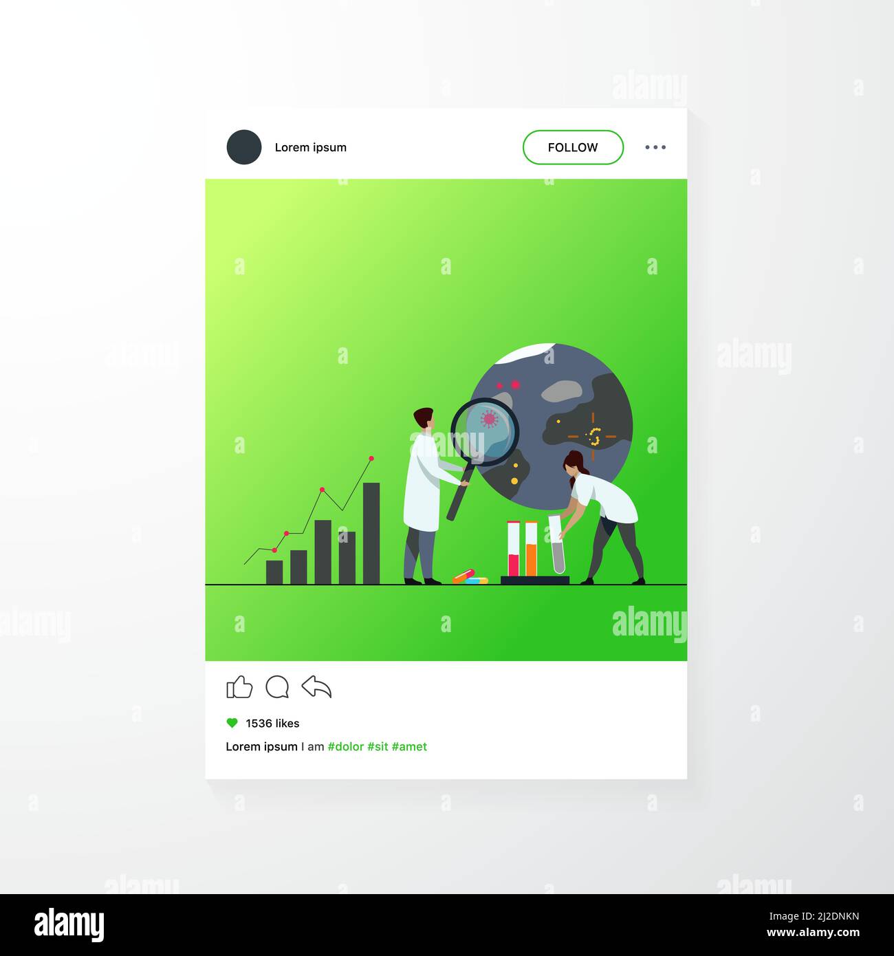 Scienziati che studiano virus in laboratorio. Medici che utilizzano l'analisi di batteri microscopici, campioni in provette di vetro, grafici. Illustrazione vettoriale piatta per ep Illustrazione Vettoriale