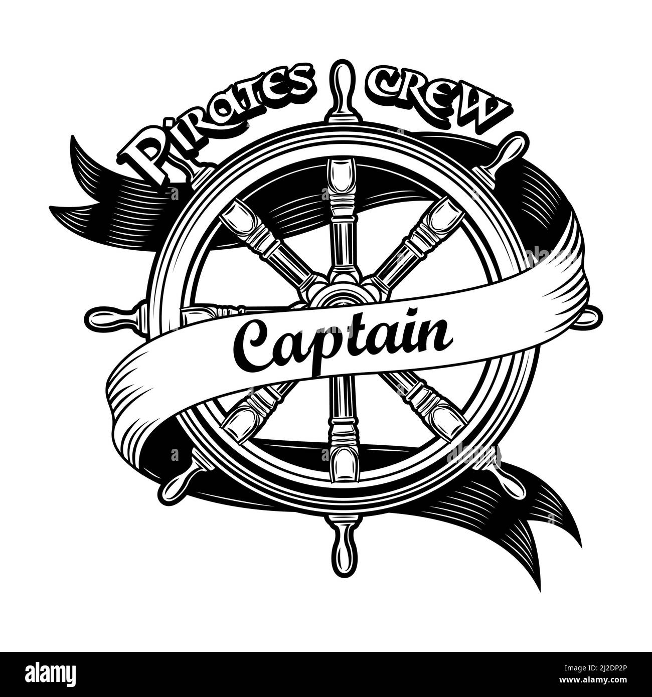 Illustrazione del vettore di insignia della spedizione. Timone in legno d'epoca con testo del capitano dell'equipaggio pirata. Avventura nautica o caccia al tesoro concetto per emblemi o. Illustrazione Vettoriale