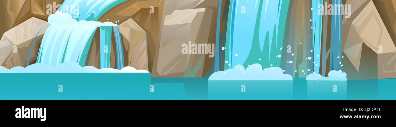 Cascata tra le rocce. La cascata fruscii verso il basso. Flusso d'acqua. Vettore. Illustrazione Vettoriale