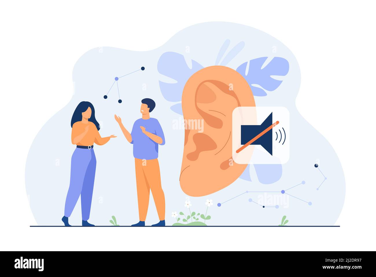 Un paio di persone non udenti che parlano con gesti a mano, orecchio enorme e segnale muto in background. Illustrazione vettoriale per perdita uditiva, comunicazione, lang dei segni Illustrazione Vettoriale