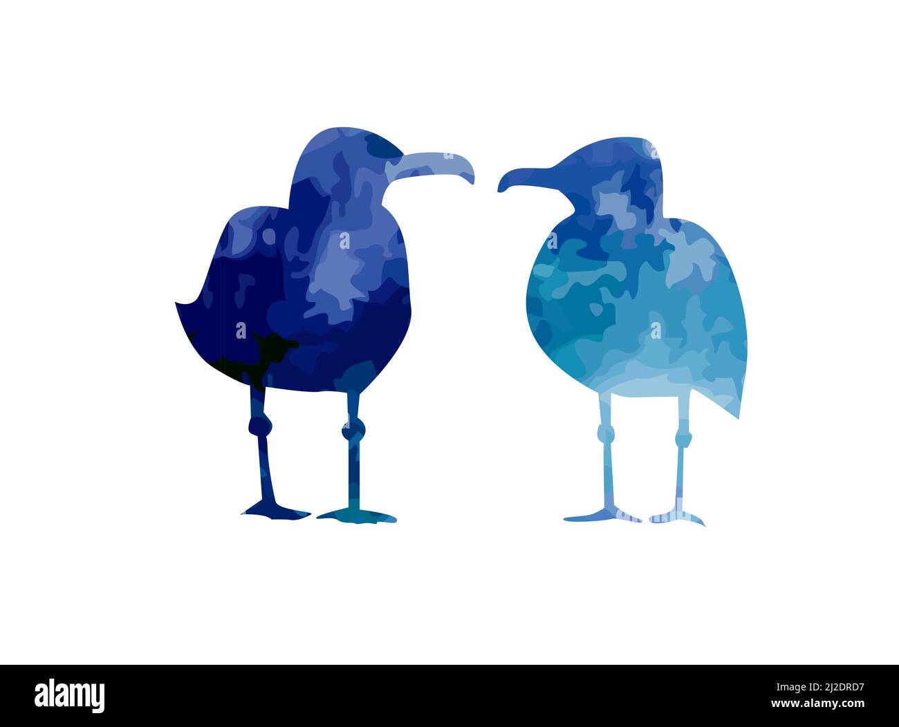 Sagome vettoriali di due gabbiani in piedi sul molo. Oggetti isolati su sfondo bianco. Illustrazione Vettoriale
