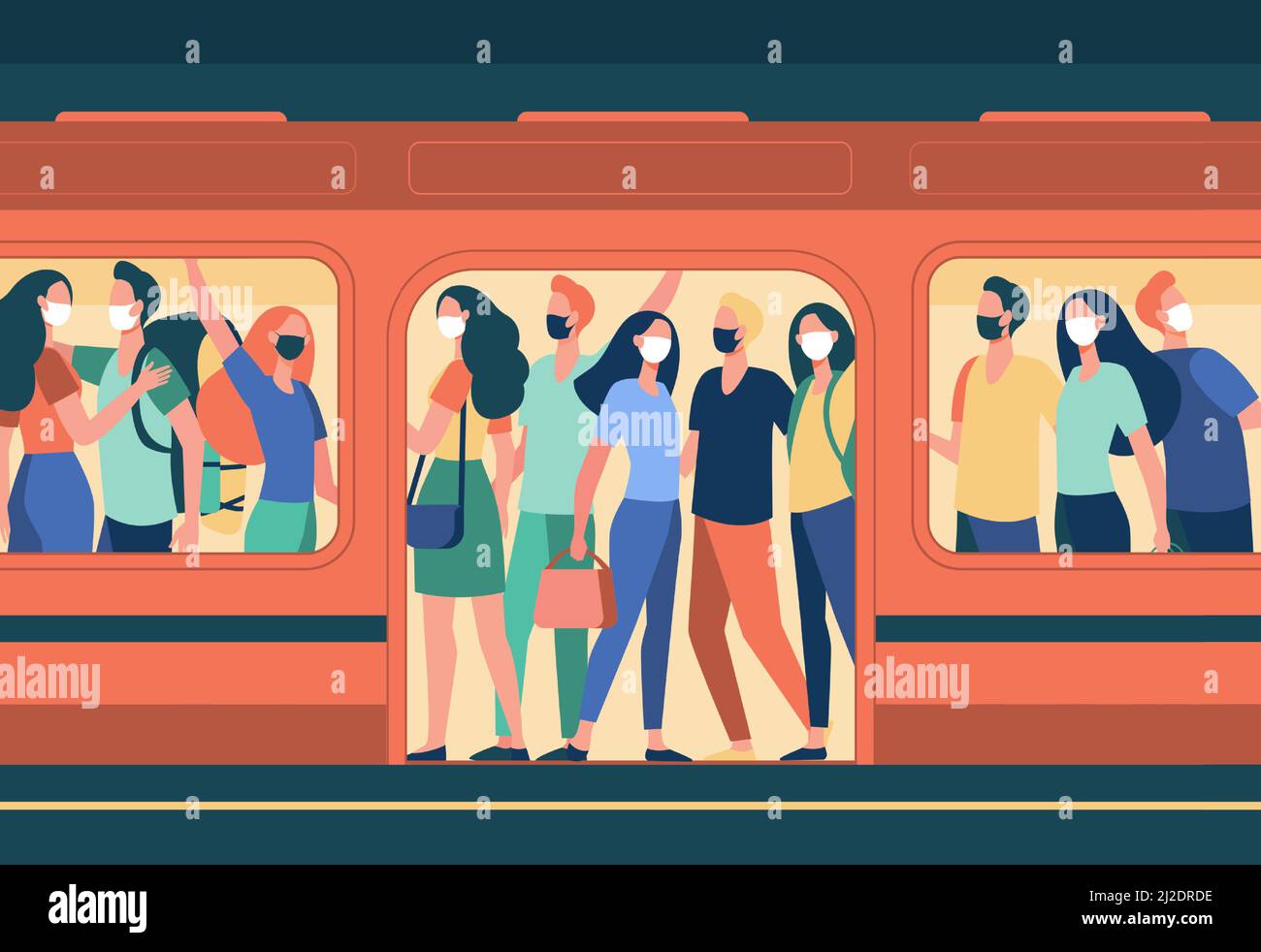 Folla di persone in maschere in piedi in treno della metropolitana. Trasporto pubblico, passeggeri, pendolari flat vettoriale illustrazione. Covid, epidemia, protezione conce Illustrazione Vettoriale