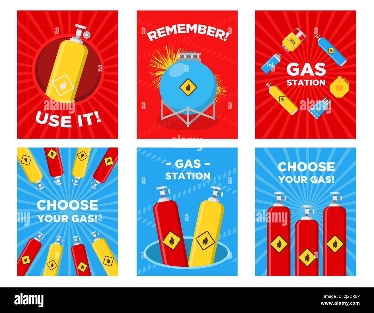 Set di biglietti d'auguri per stazioni di servizio. Bombole, serbatoi, taniche con immagini vettoriali di segni infiammabili con testo pubblicitario. Modelli per stazione di servizio Illustrazione Vettoriale