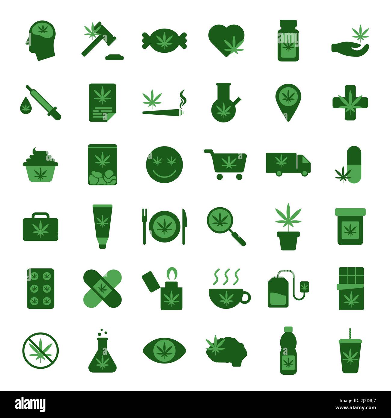 Set di icone del vettore cannabis medica. Prodotti di erbaccia Illustrazione Vettoriale