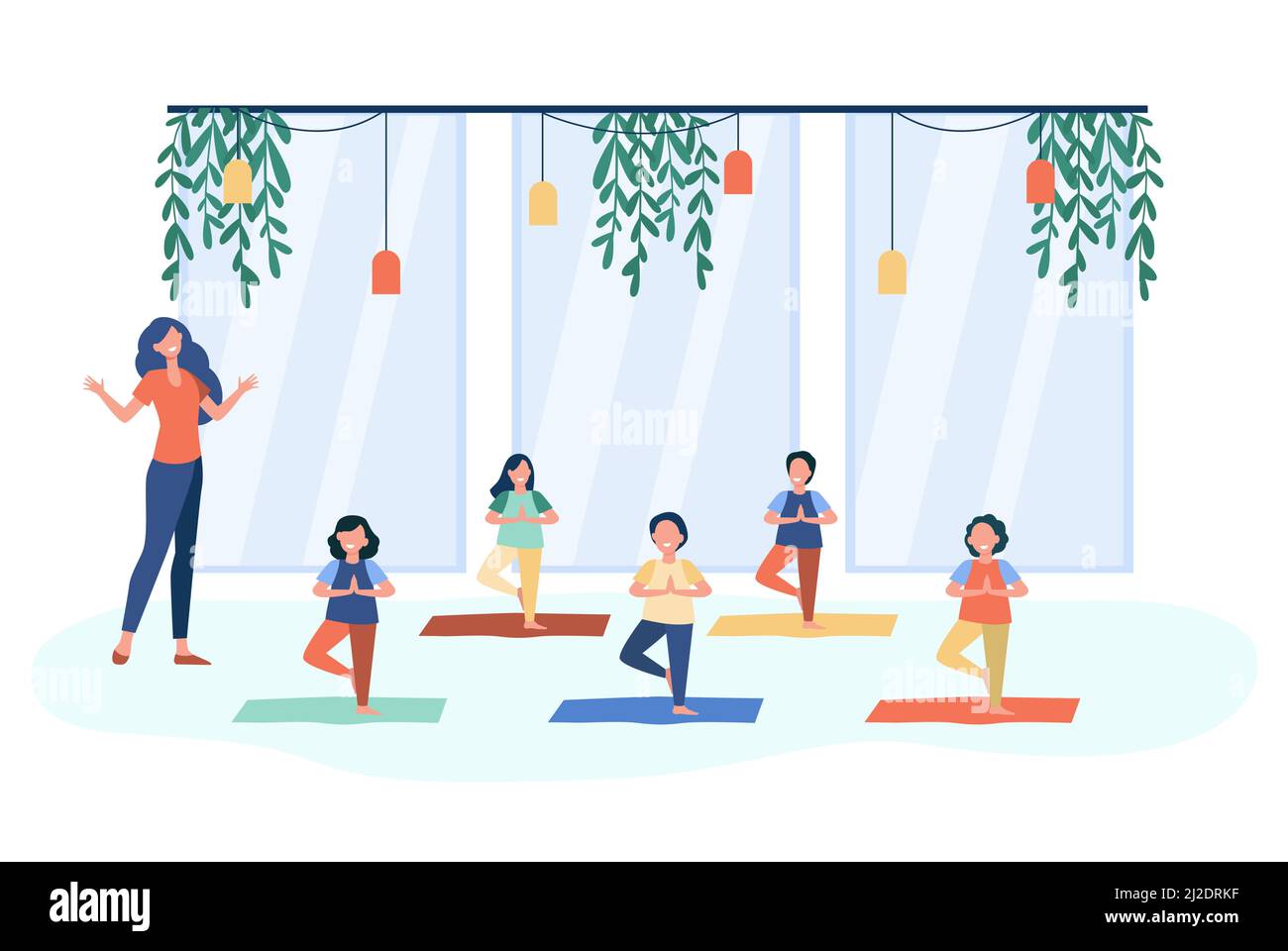 Felici i bambini che praticano lo yoga in classe con l'insegnante, in piedi sul tappetino in posa albero e sorridente. Illustrazione vettoriale per bambini in fitness club, attività Illustrazione Vettoriale