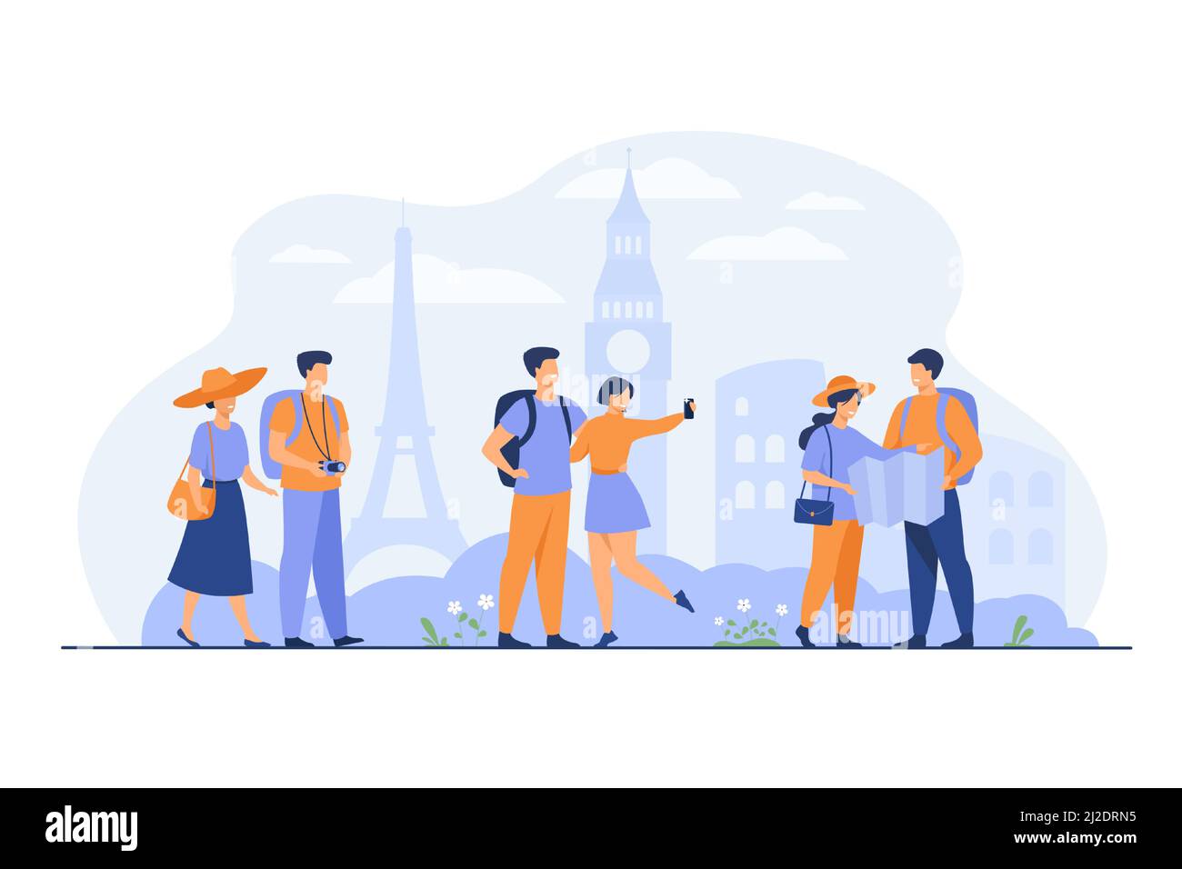 Coppie felici che viaggiano in Europa e scattano foto isolate vettore piano illustrazione. Cartoon gruppo di persone con zaino, macchina fotografica e mappa. Vacanza Illustrazione Vettoriale