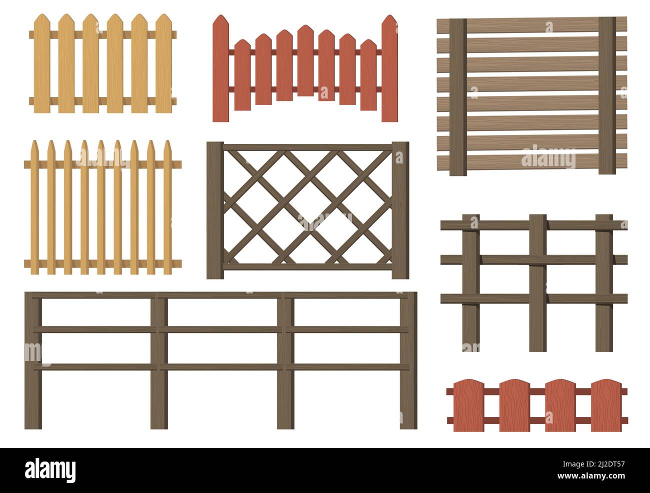 Set di elementi piani recinti in legno rurale. Cartoon fattoria o villaggio vintage porte marrone isolato vettore illustrazione raccolta. Blocchi di legno barriere e campagne Illustrazione Vettoriale