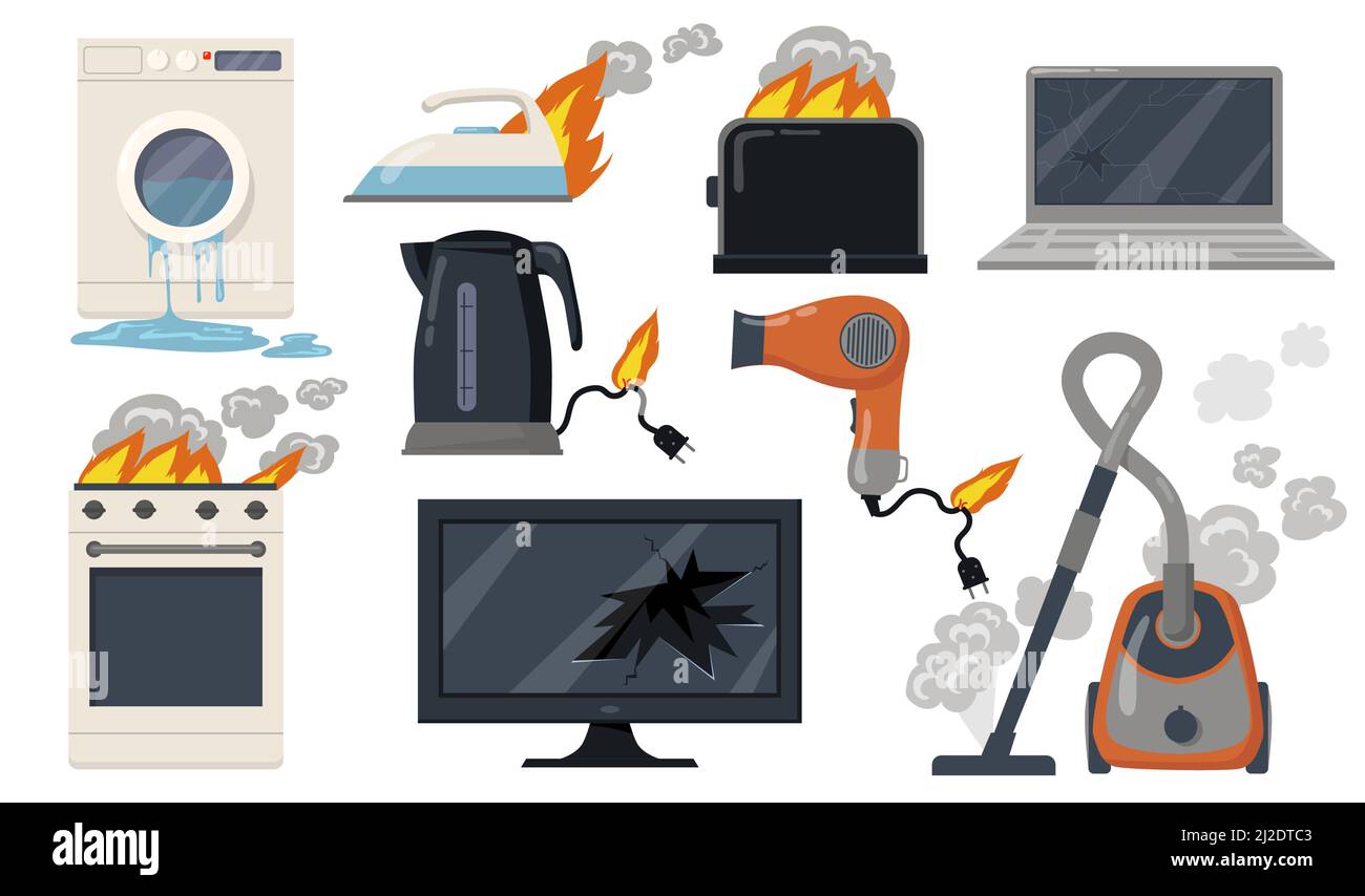 Varietà di apparecchi elettrici domestici rotti set di articoli piatti. Stufa danneggiata da cartone animato, tostapane, aspirapolvere, computer portatile isolato immagine vettoriale collec Illustrazione Vettoriale